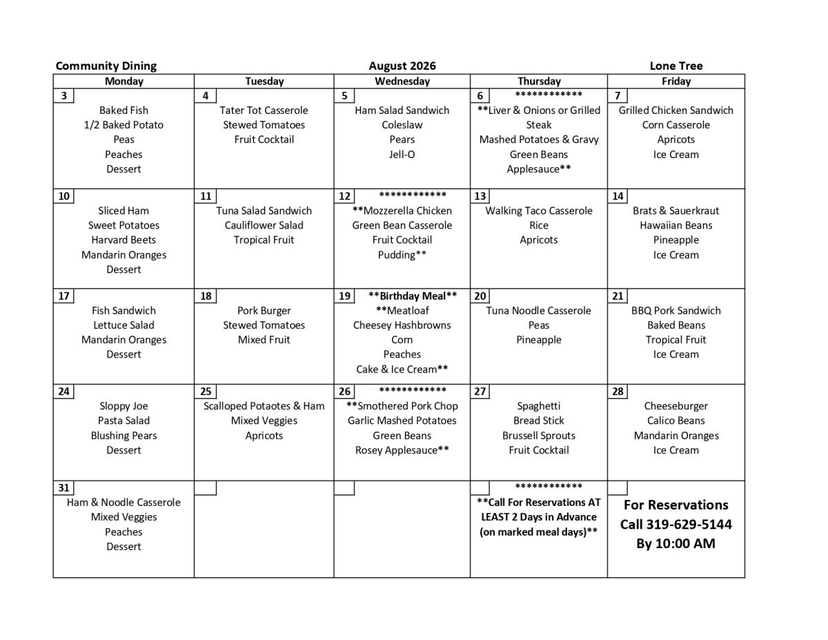 August 2026 Menu