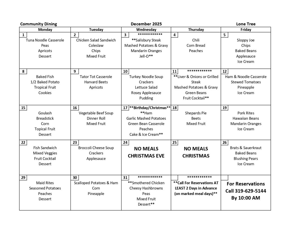 December 2025 Menu