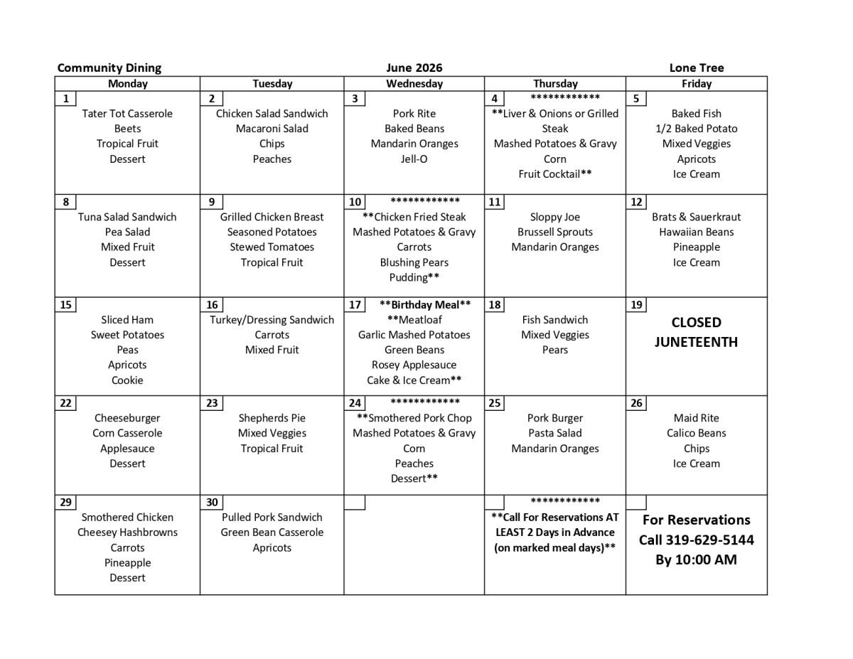 June 2026 Menu