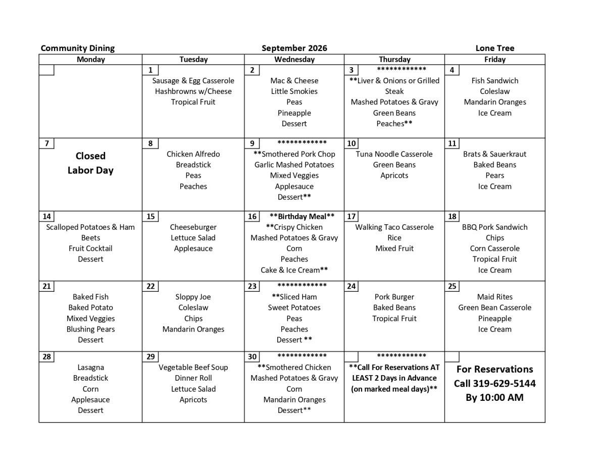 September 2026 Menu